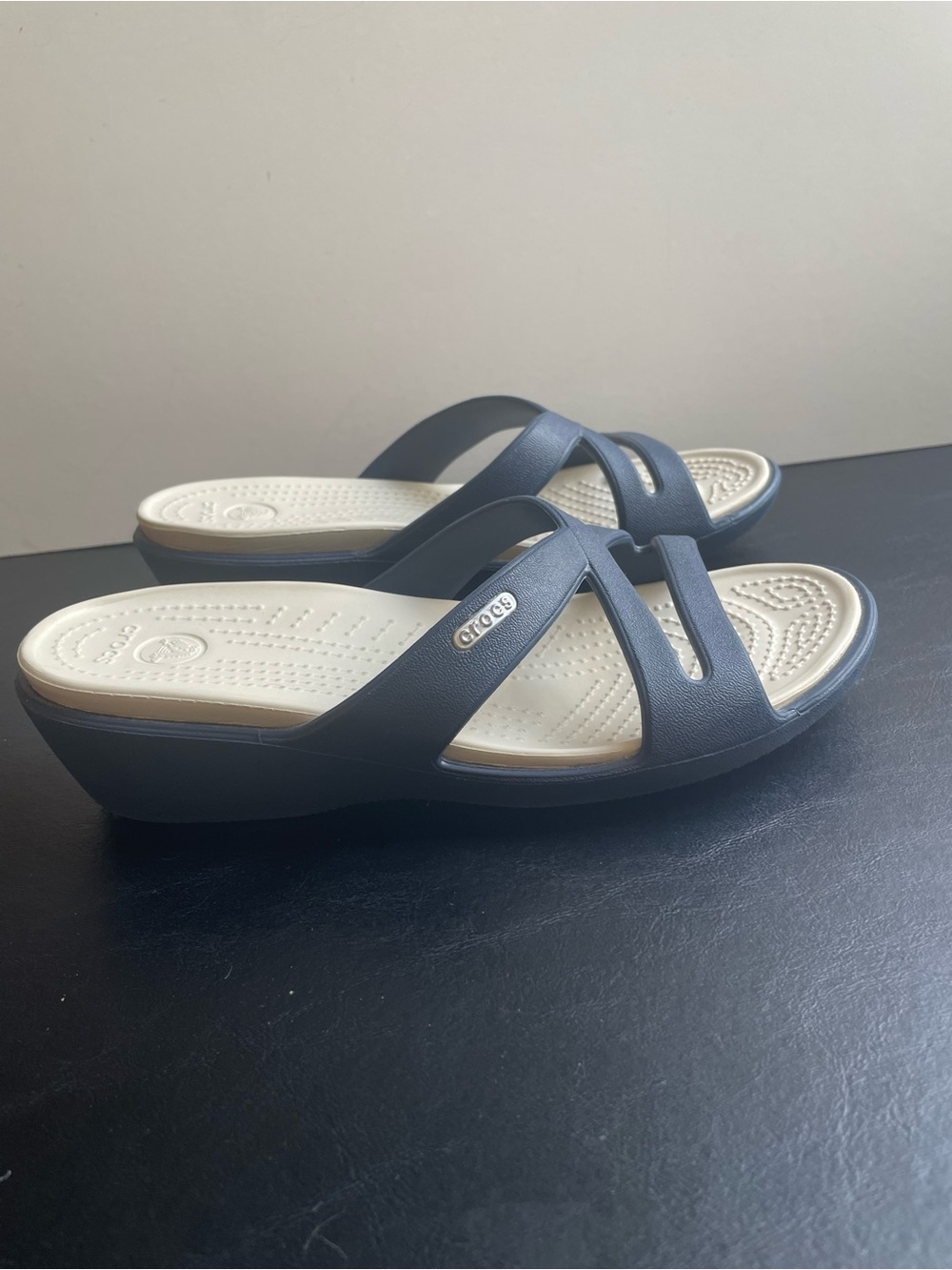 CROCS Women's Navy Crisscross Slide Wedge Sandals with Cream Footbed - Picture 4 of 8